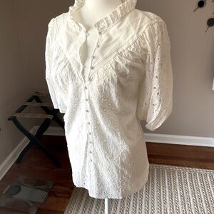 White Eyelet Blouse with Ruffled Collar